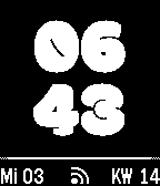 Der Screenshot einer Pebble Smartwatch zeigt 6.43 Uhr mit weißer Schrift auf schwarzem Hintergrund
